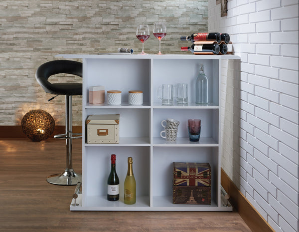 English Elm White High Gloss 6-Shelf Bar Table with Sleek Modern Finish, Six Cubies for Chic Organized Entertaining B062P209312