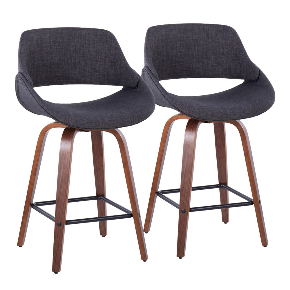 English Elm 26" Mid-century Swivel Counterstools Walnut Legs Charcoal Upholstery Set of 2 B202S00250