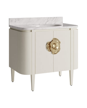 Currey & Company Briallen 36" Vanity With Elegant Carrara Marble Top And Polished Nickel Brass Flower Pull Storage Solutions Ivory White Oak Solids & Veneers ,Carrara Marble ,Vitreous China ,Brass 3800-0016-currey-company
