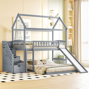 English Elm Twin Over Full Bunk Bed Playhouse Frame with Slide Staircase and Storage Drawers LT100129AAE