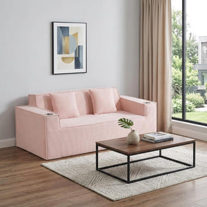 HomeRoots 76 Inch Corduroy Upholstered Loveseat with Accent Throw Pillows for Modern Living Rooms Pink 752779