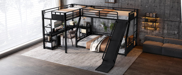 English Elm L-Shaped Metal Bunk Bed With Slide, Twin Loft, Desk & Storage Shelves - Space-Saving Design In Black! W1580S00278