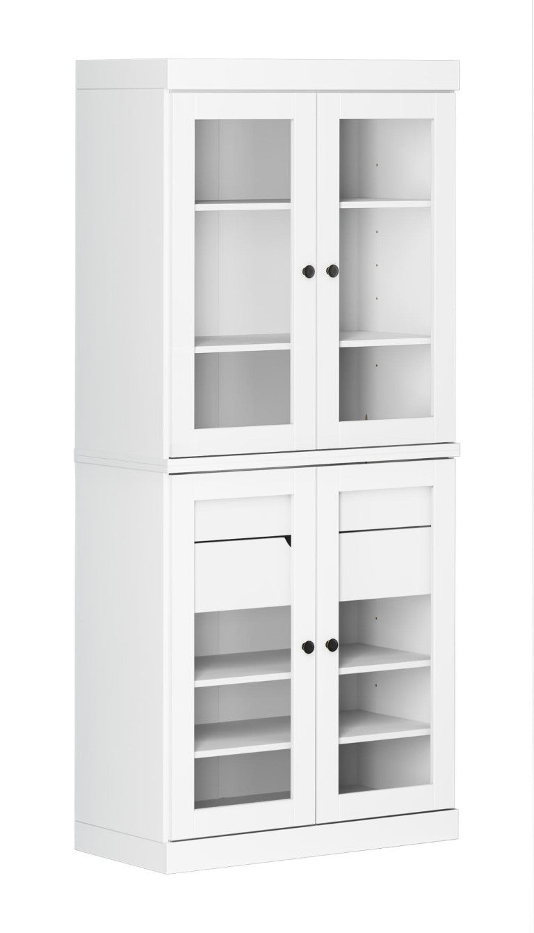 HomeRoots 72 Inch Solid White Wood Pantry Cabinet with Four Doors and Dual Drawers for Kitchen 752813