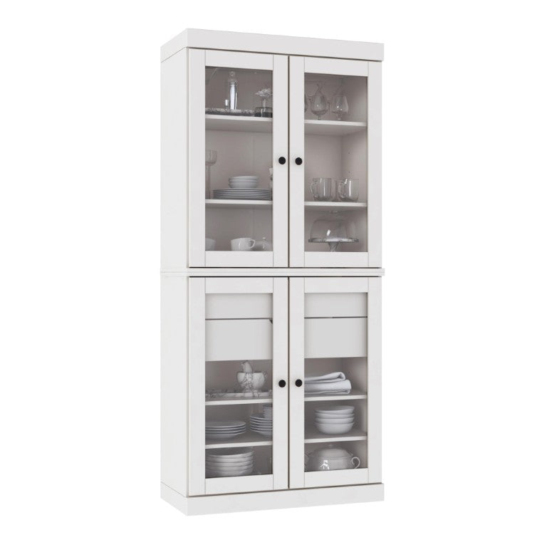 HomeRoots 72 Inch Solid White Wood Pantry Cabinet with Four Doors and Dual Drawers for Kitchen 752813