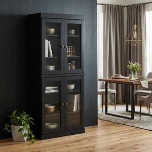 72 Inch Solid Wood Four Door Pantry Cabinet Tall Freestanding Black Storage Unit