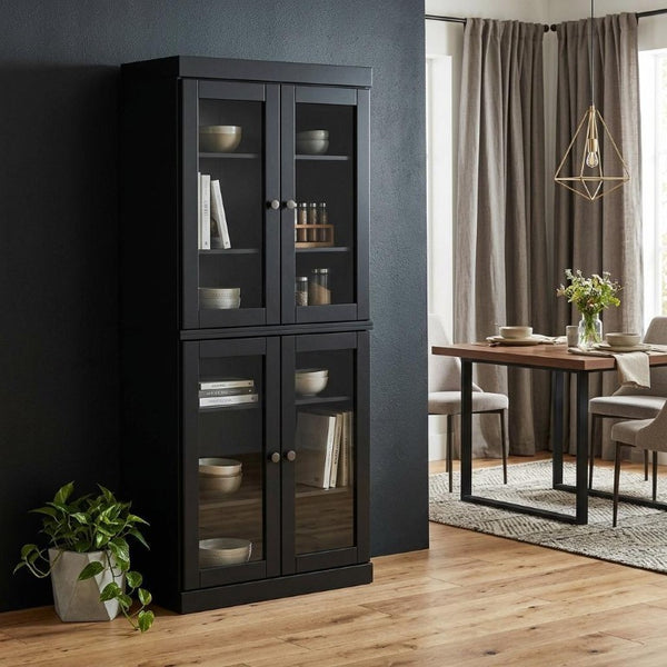 72 Inch Solid Wood Four Door Pantry Cabinet Tall Freestanding Black Storage Unit