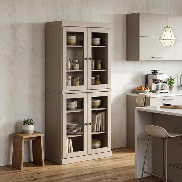 72 Inch Solid Wood Four Door Pantry Cabinet Beige Finish Freestanding Kitchen Storage
