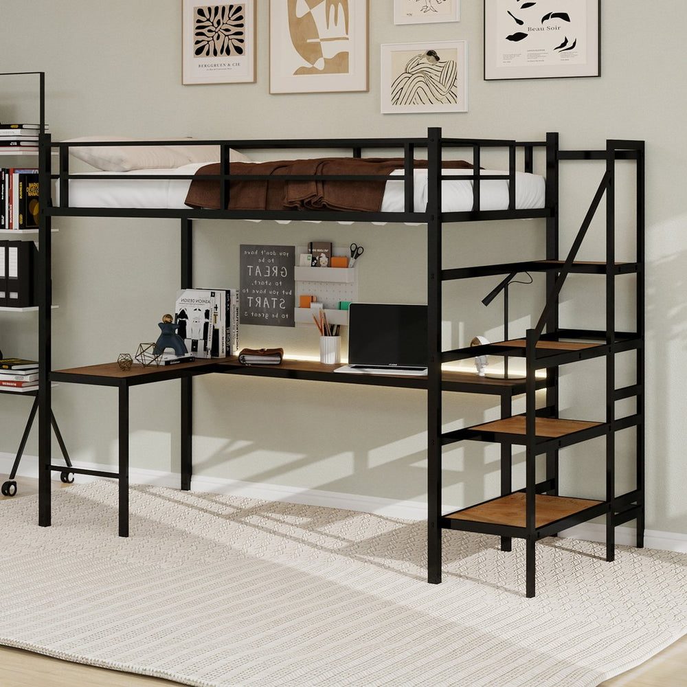English Elm Loft loft bed with L-shaped desk, built-in storage stairs, 360° guardrail, sturdy iron frame for small rooms Black W1935S00003