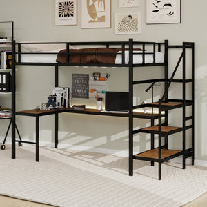 English Elm Loft loft bed with L-shaped desk, built-in storage stairs, 360° guardrail, sturdy iron frame for small rooms Black W1935S00003
