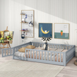 English Elm Twin Solid Rubberwood Floor Bed with Full Perimeter Safety Rails for Toddler Rooms Grey W504P296784
