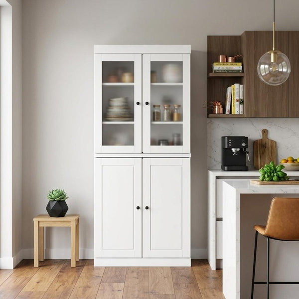 72 Inch Solid White Wood Pantry Cabinet with Four Doors and Two Drawers for Kitchen
