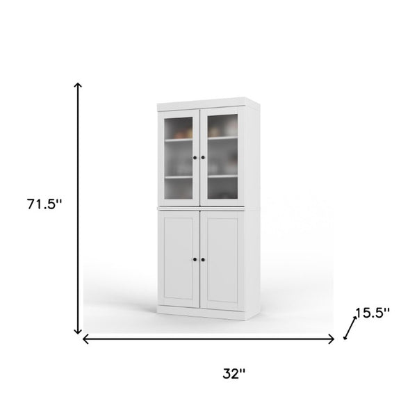 72 Inch Solid White Wood Pantry Cabinet with Four Doors and Two Drawers for Kitchen