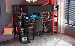 English Elm Full Size Gaming Loft Bed with Led Lighting Desk Shelves and Usb Charging Ports N820S00070J