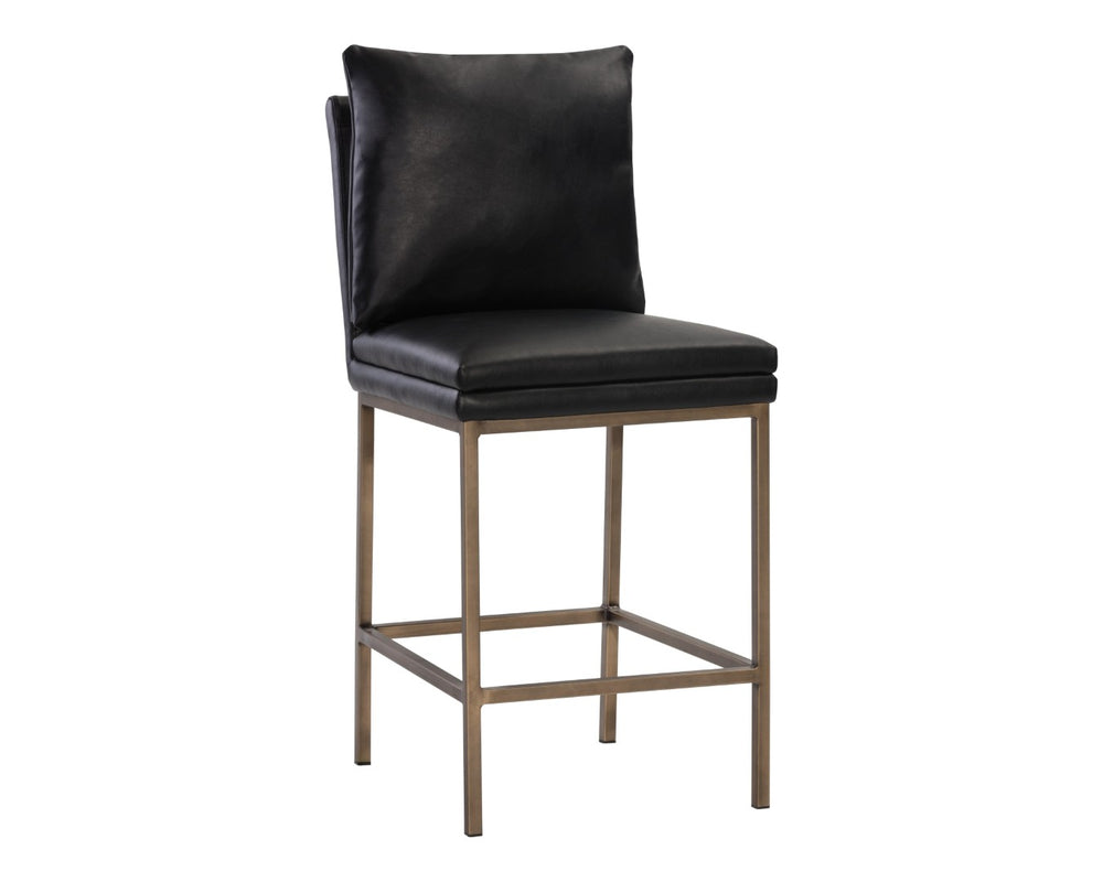 Sunpan PAIGE Counter Stool - Stylish Bravo Black Faux Leather with Antique Brass Legs for Modern Spaces 105944