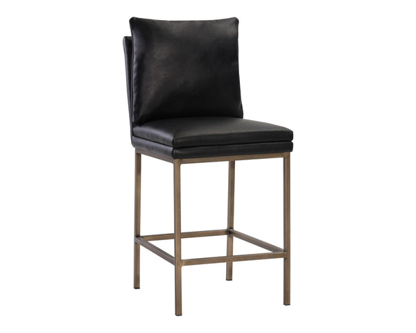 Sunpan PAIGE Counter Stool - Stylish Bravo Black Faux Leather with Antique Brass Legs for Modern Spaces 105944