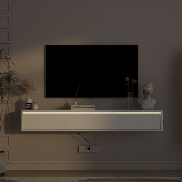 English Elm Floating TV Stand with Touch LED Strip, Built-In Power Hub & Ample Storage for Modern Living Rooms White 74.61 L x 17.52 W x 6.1 H W1321P389543
