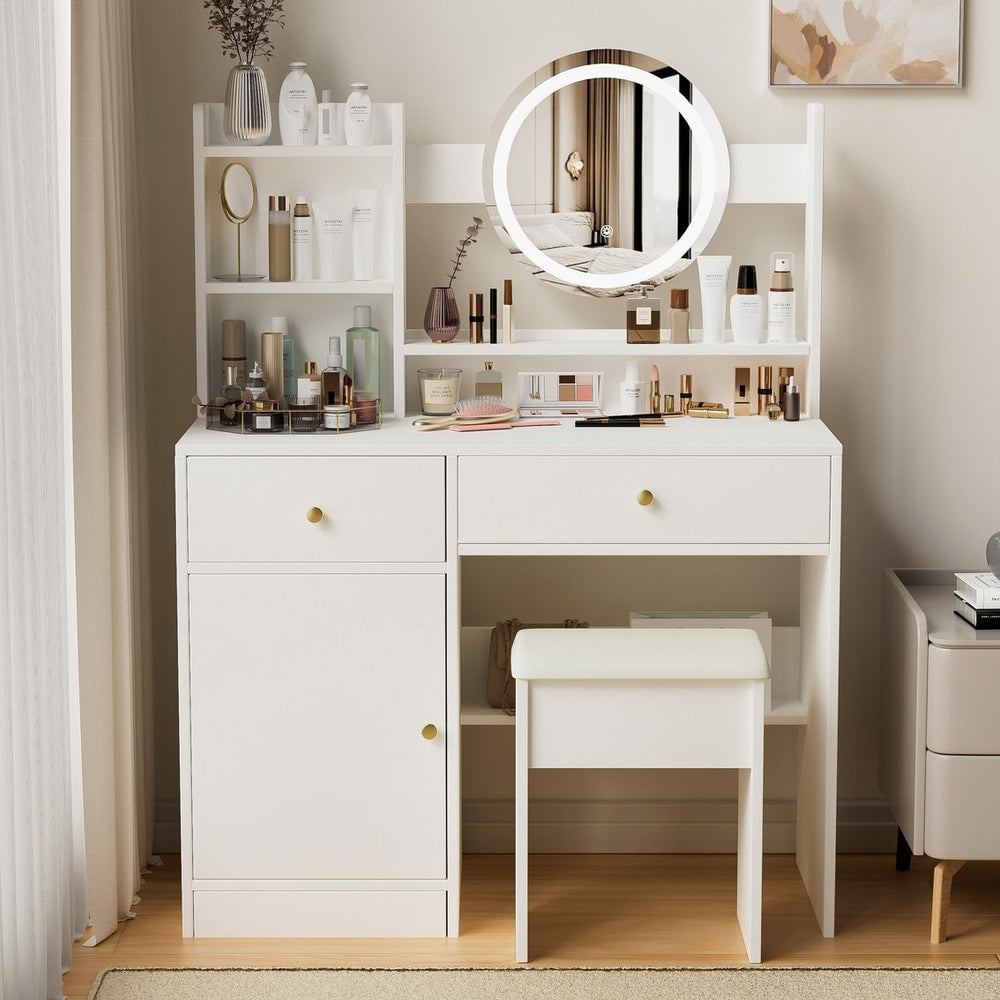 English Elm Fashion Vanity Desk With Adjustable Led Mirror & Cushioned Chair - Elegant, Organized, White Set W2699P214618