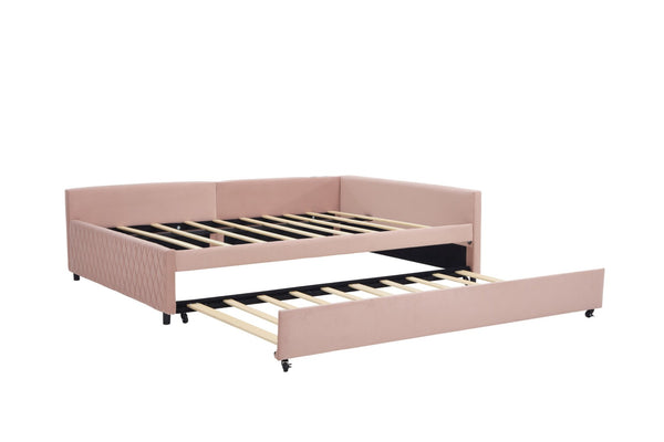 English Elm Upholstered Velvet Daybed with Pull Out Trundle Diamond Tufted Guest Bedroom Sofa Pink W1361S00066