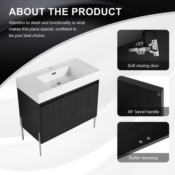 English Elm 36" Freestanding Bathroom Vanity with Durable Resin Sink and Soft-Close Cabinet Doors, Modern Storage Solution for Small Baths W1972S00014