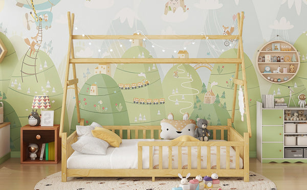 English Elm Twin Montessori Floor Bed House Frame with Led Lighting and Safety Rails for Kids Natural W2593P440591