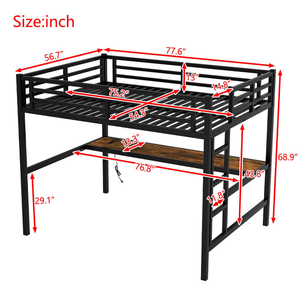 English Elm Metal Full Size Loft Bed with Desk, USB Power & RGB LED Lighting, Space-Saving Black Frame W1580P251091