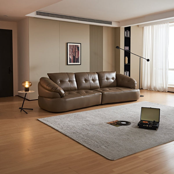 English Elm Modern Elliptical Three Seat Sofa Genuine Cowhide Leather Solid Wood Frame Living Room Brown W1765S00136