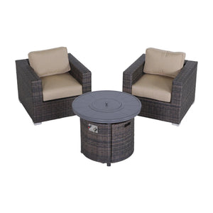 English Elm 3-Piece All-Weather Seating Group with 55,000 BTU Fire Pit, HDPE Wicker, 5" Cushions, Rustproof Frame B120S00086