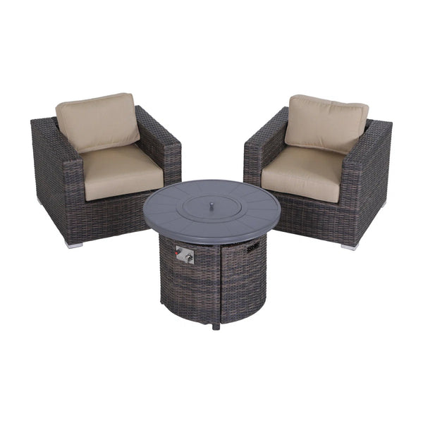 English Elm 3-Piece All-Weather Seating Group with 55,000 BTU Fire Pit, HDPE Wicker, 5" Cushions, Rustproof Frame B120S00086
