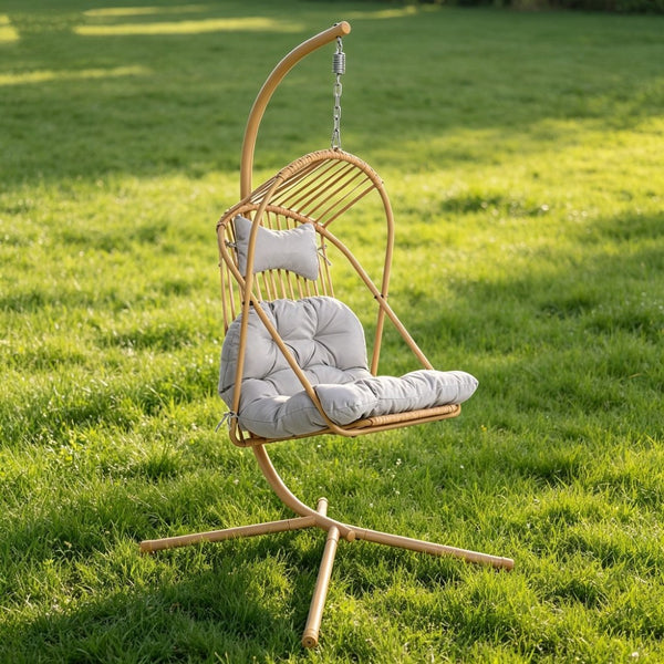 English Elm Hanging Egg Chair with Freestanding Steel Stand Rattan Cocoon Seat for Patio Balcony Yellow+Grey T5880P494886