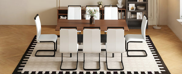 English Elm Table And Chair Set - 71" Walnut Grain Dining Table With 8 White Pu Chairs & Black Metal Legs W1151S04277-GIGA