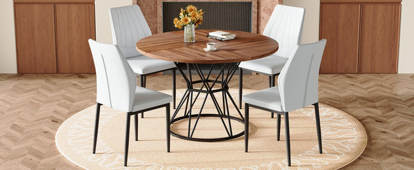 English Elm Table and Chair Set Walnut Round Dining with Hourglass Base Four Fabric Seats Walnut+Black,White W1151S04857