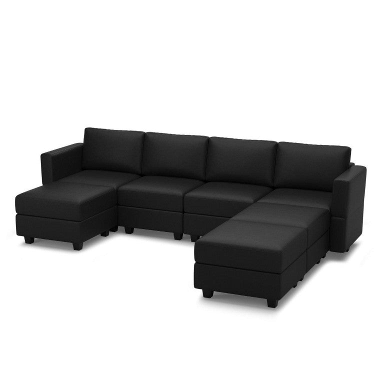 HomeRoots Black Faux Leather Seven Seat Modular Sectional with Built-in Ottoman Storage 753079