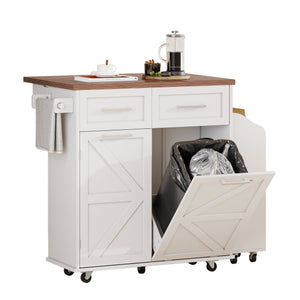 English Elm K&K 47.2" Farmhouse Kitchen Island with Drop Leaf, Removable Side Shelf, Trash Cabinet, Wheels White N707P307296W