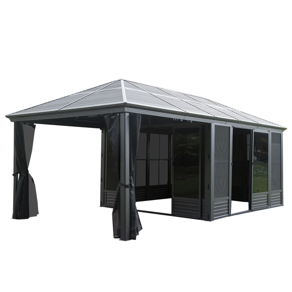 English Elm 11x21FT All-Season Sunroom Gazebo with Galvanized Roof, Lockable Sliding Doors, PE Screens & Curtains W1859P364854