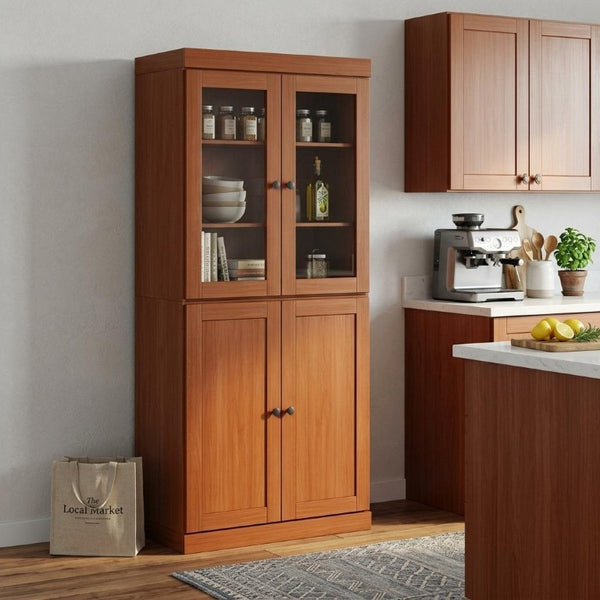 72 Inch Solid Wood Freestanding Pantry Armoire with Four Doors for Kitchen Storage