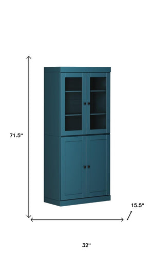 72 Inch Solid Wood Four Door Pantry Cabinet Teal Accent Freestanding Armoire