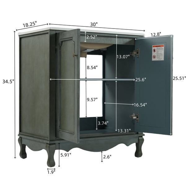English Elm Christopher Knight Home® - 30" Vintage Bathroom Vanity with Rectangle Ceramic Sink, Rubber Wood Legs, Soft-Close Doors, Adjustable Shelves Antique blue green,Teal N817P245316B