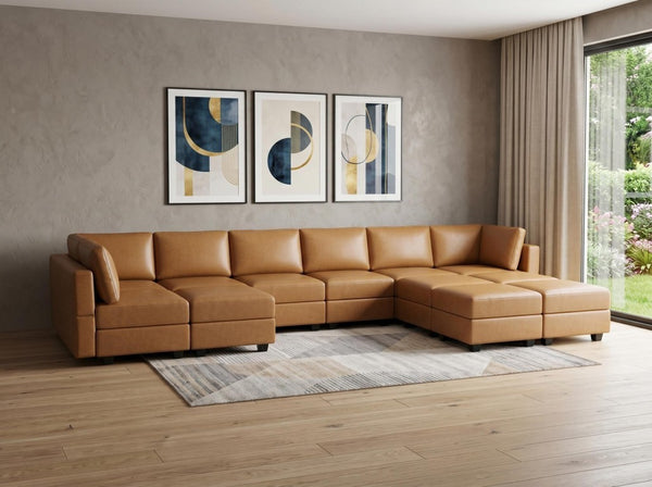 Brown Faux Leather Modular Sectional with Ottomans for Spacious Living Rooms