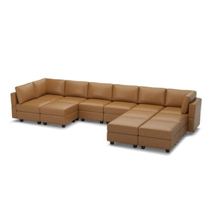 HomeRoots Brown Faux Leather Modular Sectional with Ottomans for Spacious Living Rooms 753142