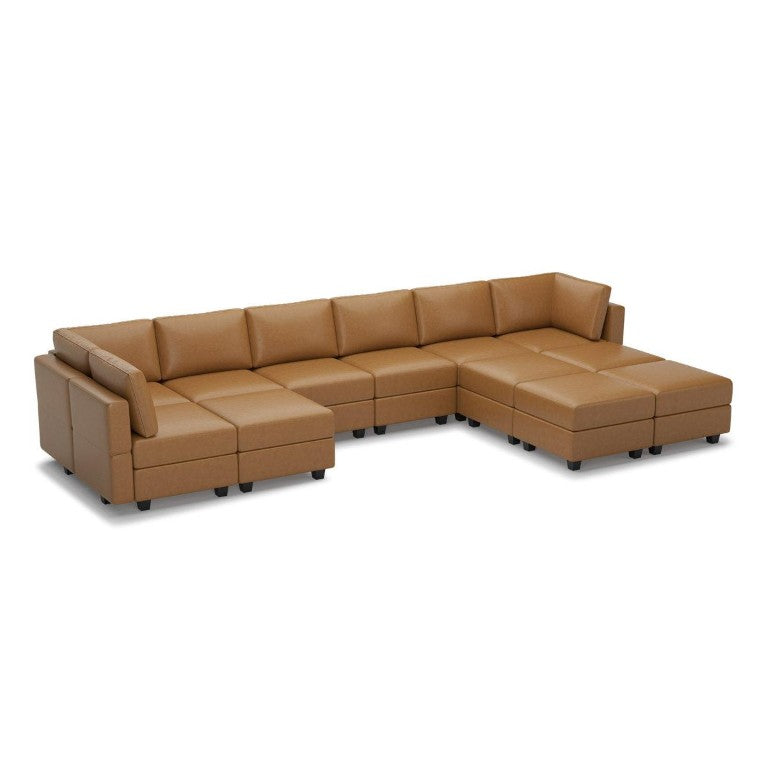 HomeRoots Brown Faux Leather Modular Sectional with Ottomans for Spacious Living Rooms 753142
