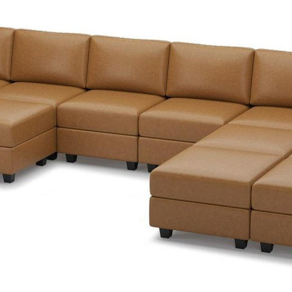 Brown Faux Leather Modular Sectional with Ottomans for Spacious Living Rooms