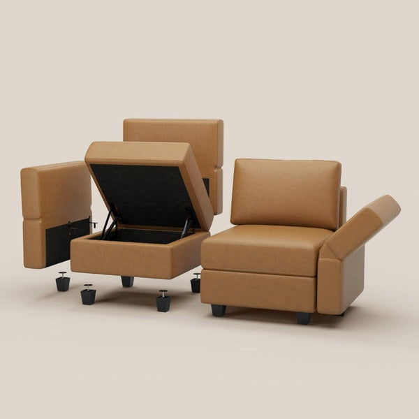 Brown Faux Leather Modular Sectional with Ottomans for Spacious Living Rooms