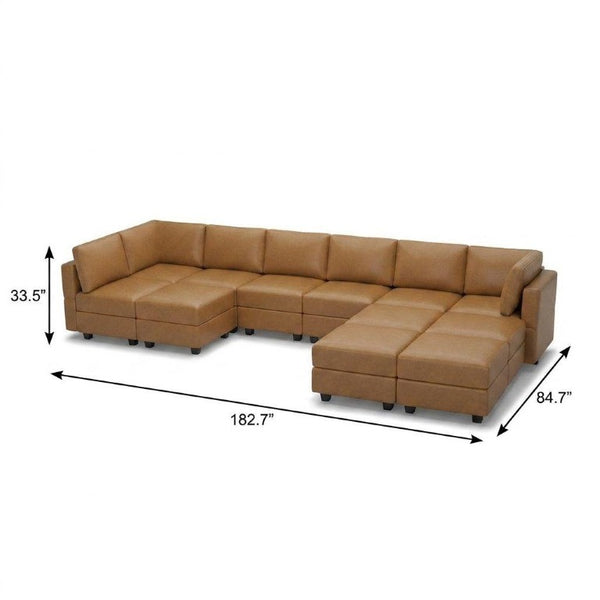 Brown Faux Leather Modular Sectional with Ottomans for Spacious Living Rooms