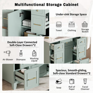 English Elm 36" Green Bathroom Vanity with Ceramic Sink, Gold Handles, Soft-Close Drawers & Adjustable Shelf N729P257304F
