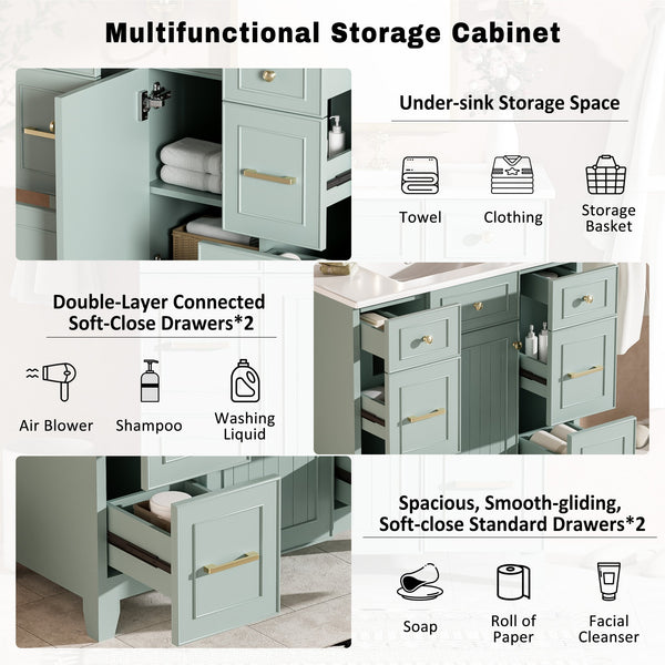 English Elm 36" Green Bathroom Vanity with Ceramic Sink, Gold Handles, Soft-Close Drawers & Adjustable Shelf N729P257304F