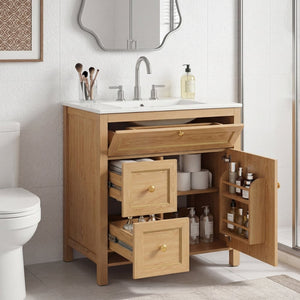 English Elm 30 Inch Fluted Freestanding Bathroom Vanity Solid Wood Soft Close Spa Style W5278S00002