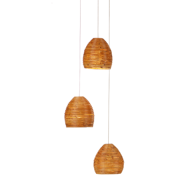 Beehive Rattan Multi-Drop Pendant Light - Modern Elegance with Warm Glow and Silver Canopy Finish