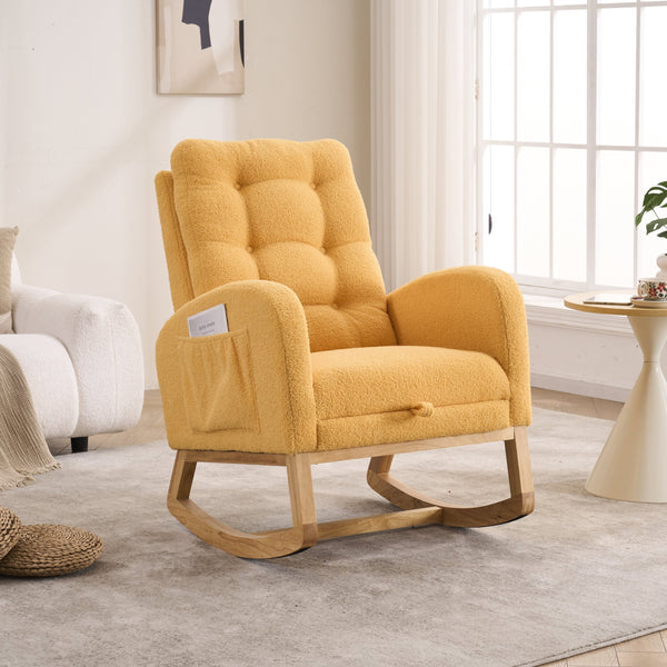 English Elm LY-5104 Plush High-Back Rocking Chair with Footrest & Storage Pocket, Ergonomic Foam Cushion for Nursery Yellow W2231P292991