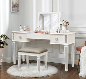 English Elm Mirrored Vanity Desk with Drawers and Flip-Up Mirror, Silver PU Stool, Crystal Knobs, Storage Elegance W2170P209976