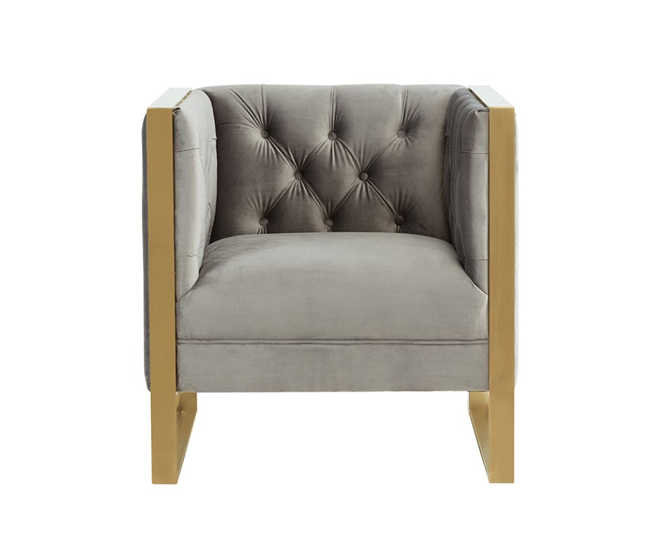 VIG Furniture Carlos Plush Grey Velvet Accent Chair With Tufted Back, Gold Stainless Frame — Midcentury Luxe Comfort VGRH-AC-311-GRY